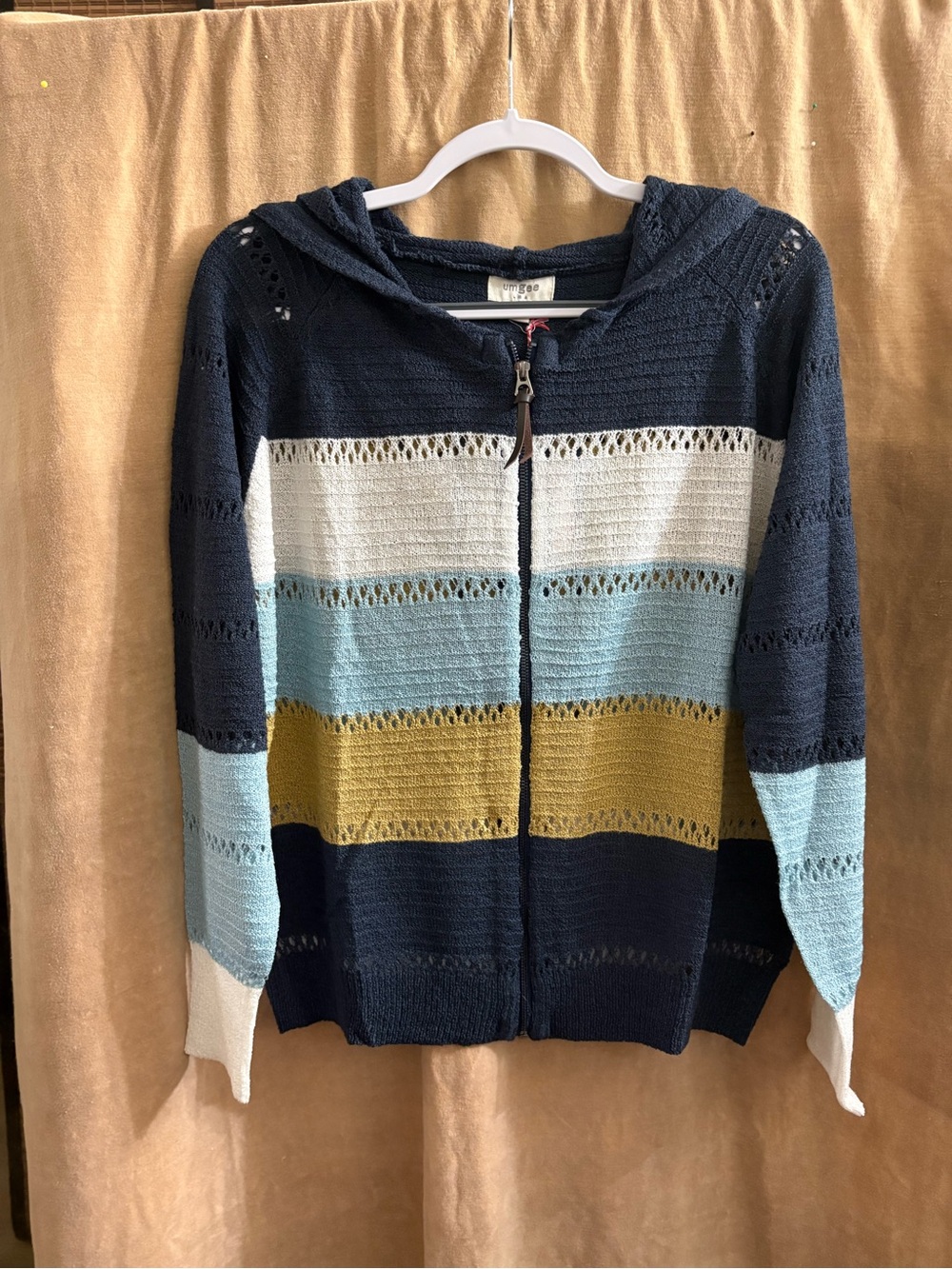 Umgee Navy Zip Hoodie Sweater with White, Light Blue & Mustard Stripes